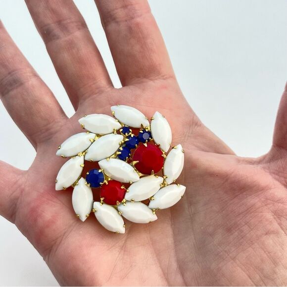 Vintage Red White & Blue Opaque Rhinestone Brooch | Prong Set, Gold Tone, Round - Picture 6 of 8